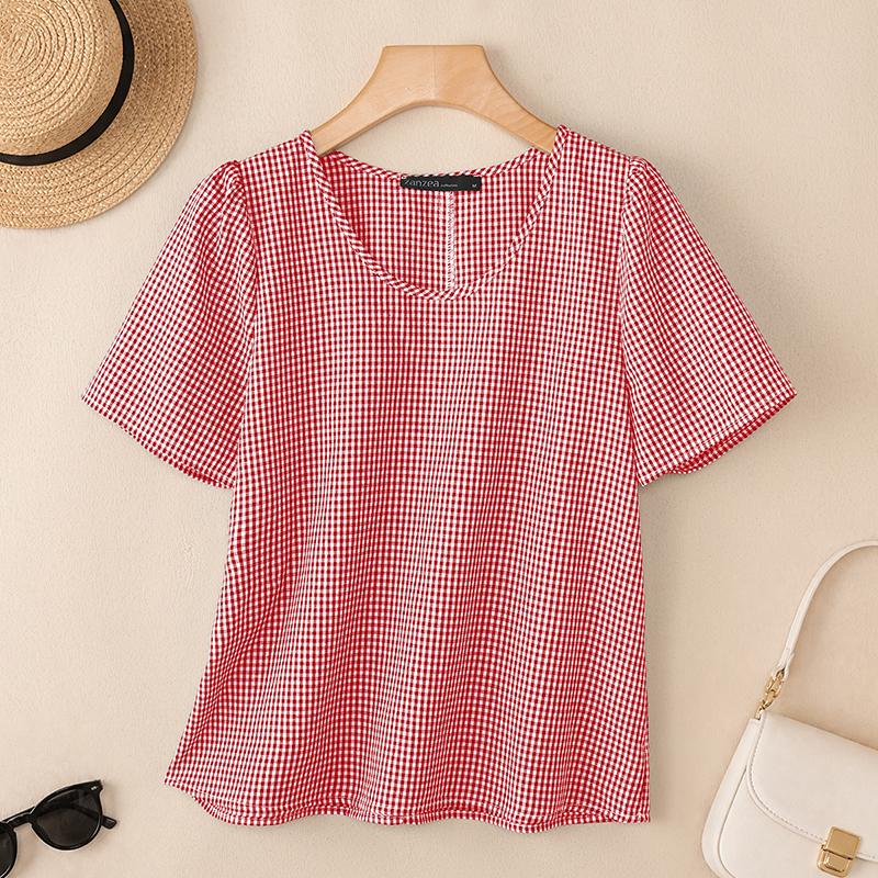 ZANZEA Blusa da Donna Casual Girocollo Stampa a Quadri Manica Corta Larga