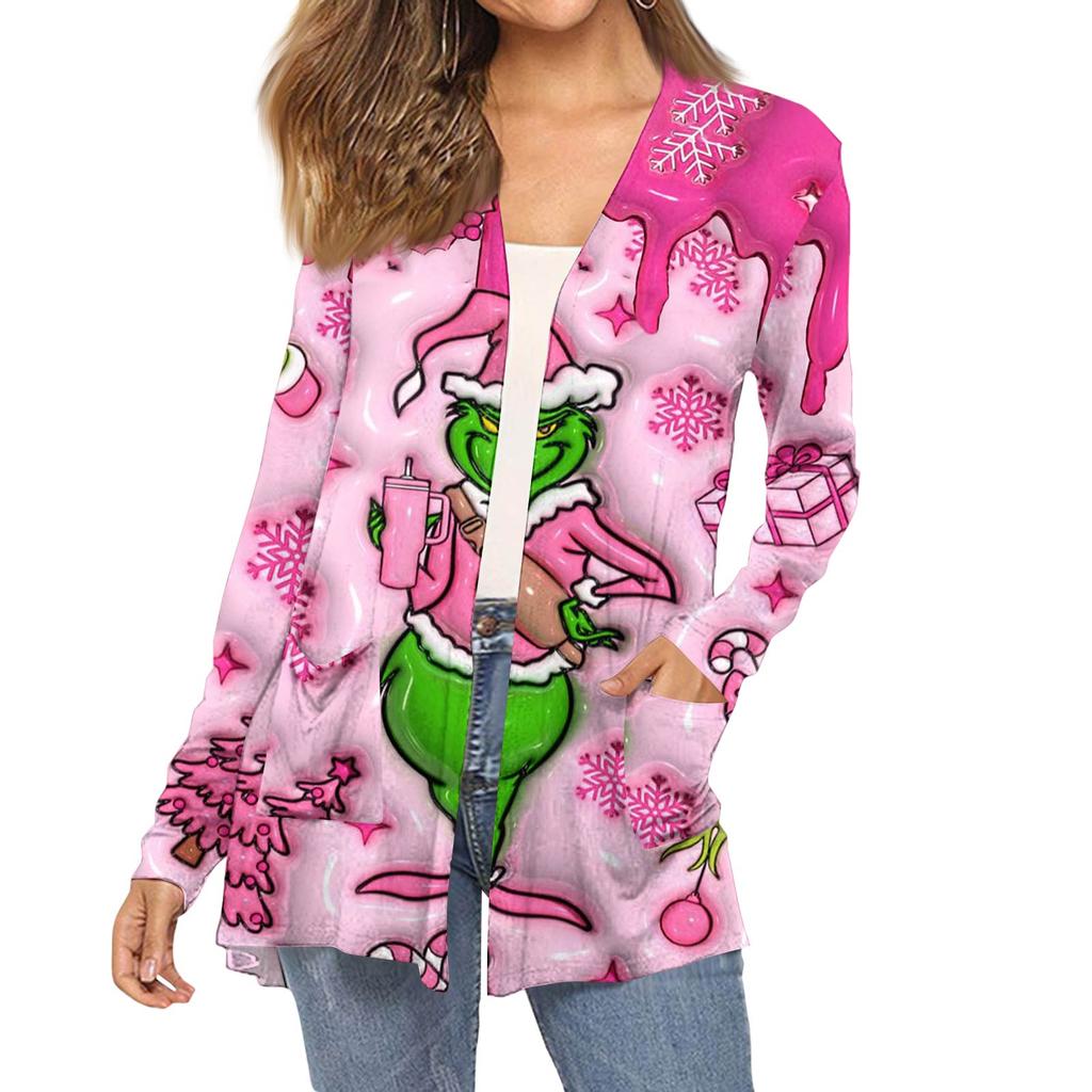 Dámský módní vánoční potisk dlouhý rukáv kapsy slim fit kardigan kabát