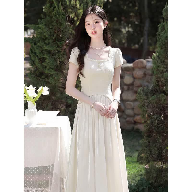 Luxiangnan French Style Apricot Slim-Fit Long Dress M