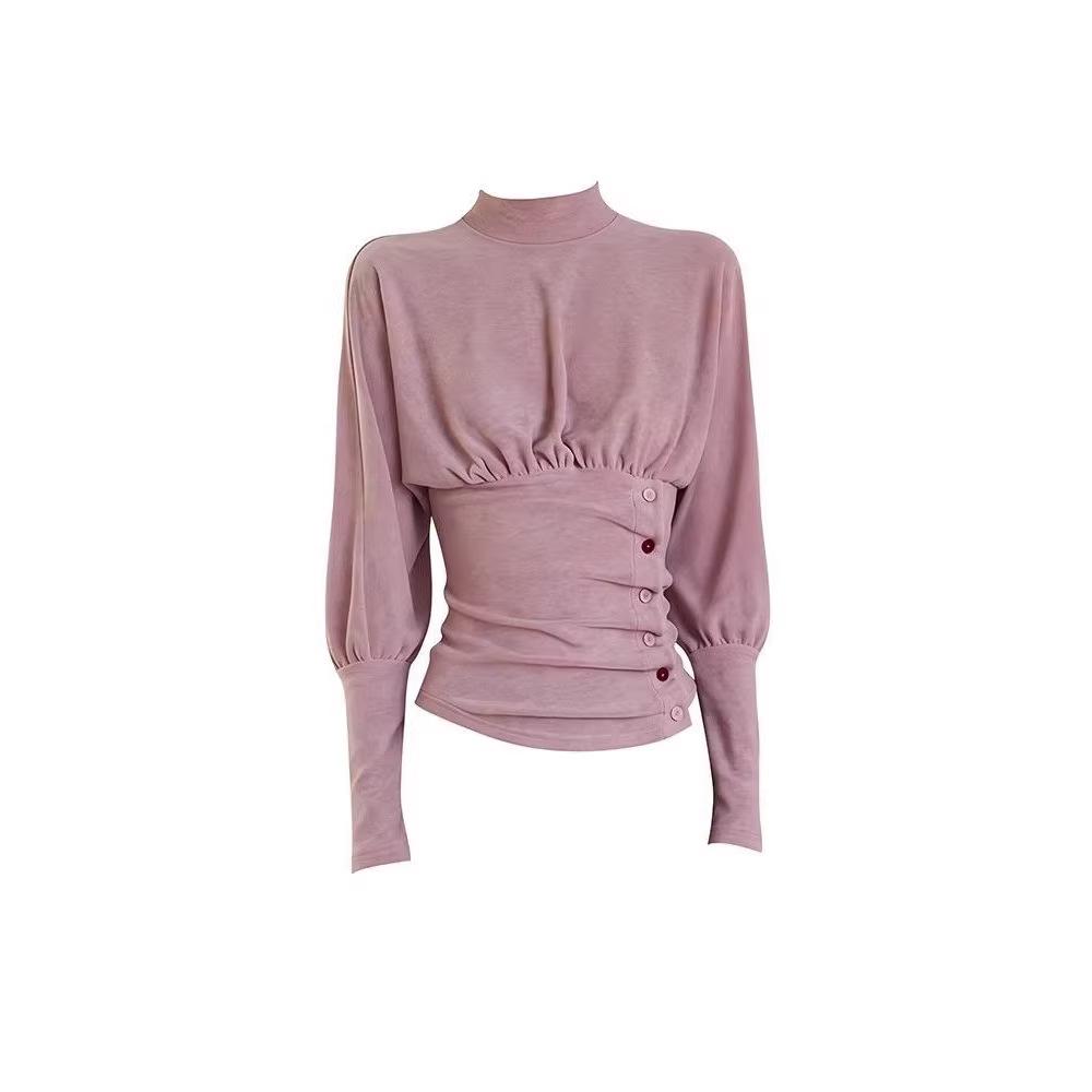 

Высококачественная новая футболка в китайском стиле с высоким воротником: Осенне-зимний приталенный блузка-рубашка в складку для женщин L