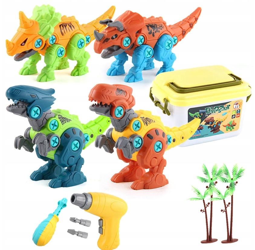 Klocki Konstrukcyjne Dinozaury Do Skręcania 4w1 Zestaw z Wkrętarką Walizką