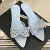 Fashion Elegant Mesh Polka Dot Bow Design Women Slippers Sexy Open Toe Kitten Heel Slide Sandals Fashion Pointed Toe Zapatos De Mujer