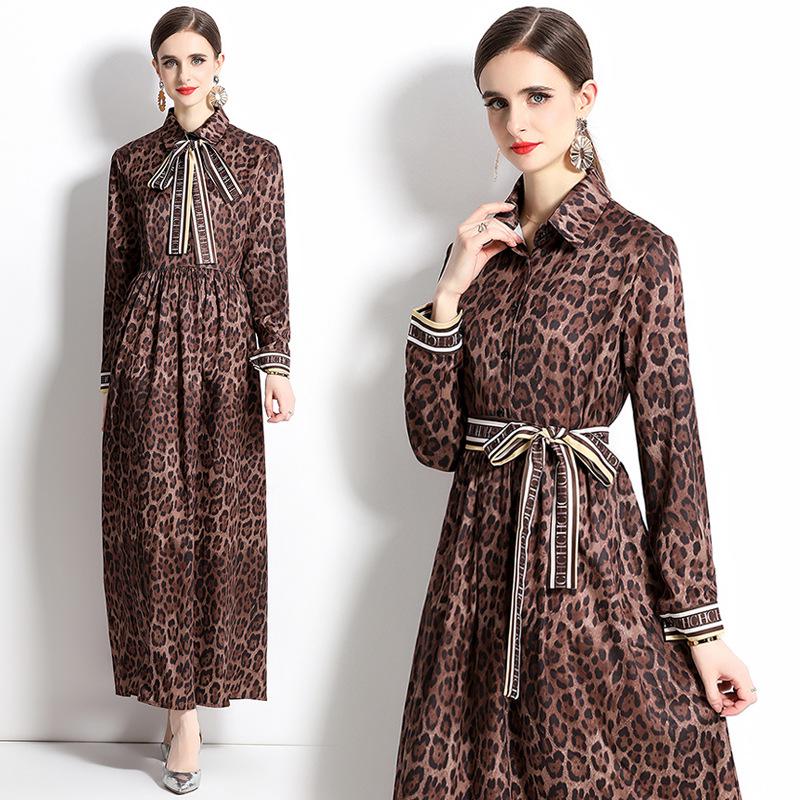 

Платье с леопардовым принтом в европейском и американском стиле, утягивающее талию, с поясом - мода весна/лето Extra Large