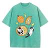 Unisex Cartoon Cat Nested Durian Print Washed T-shirt Cotton Shirt Worn Out Oversized Round Neck Top Trendy