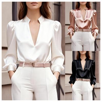 Elegant Satin V-Neck Puff Sleeve Blouse for Women Fashion Solid Color Office Lady Tops