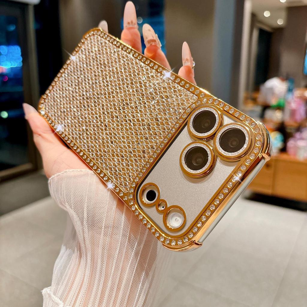 Glitter Diamond Lattice Phone Case with Rhinestones for Apple 17 Pro Max and 16, Four-Corner Drop-Proof, Fits 15
