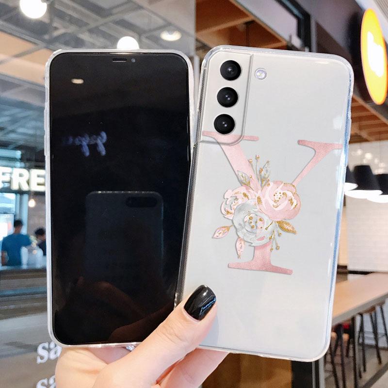 Initial Letter Cover For Samsung Galaxy S23 S24 S25 Plus Ultra Case Transparent Soft Silicone Flowers Capa For Samsung S23+ Bag