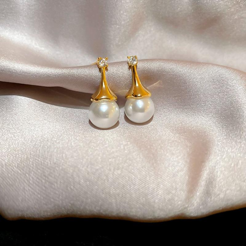 French Silver Needle Diamond Pearl Pendant Earrings Light Luxury Delicate Personality Earrings Design Sense Niche Earrings Women