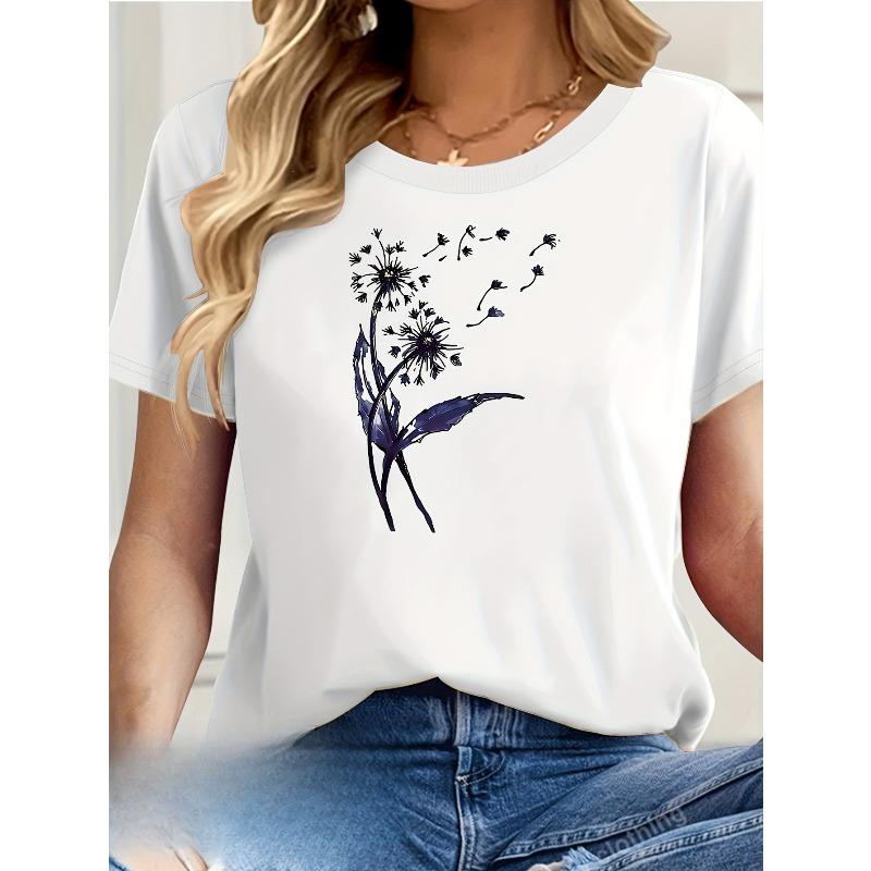 

Женская повседневная короткорукавная футболка европейского размера, цветочный принт с одуванчиками, светло-бежевая, свободного кроя, дышащий топ для весны и лета, элегантная летняя блузка S белый