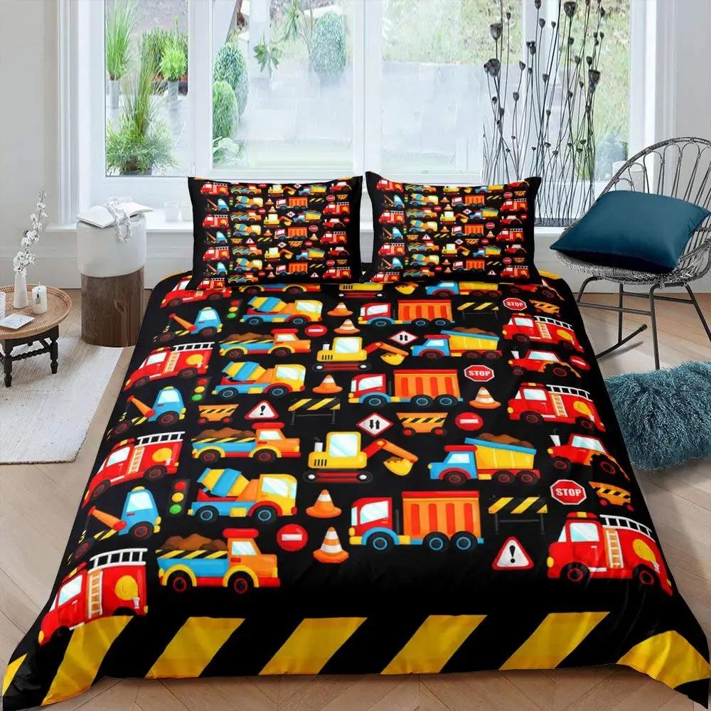 Cartoon Tractor Trucks King Queen Duvet Cover Construction Vehicle Bedding Set Excavator Quilt Cover Polyester Comforter Cover