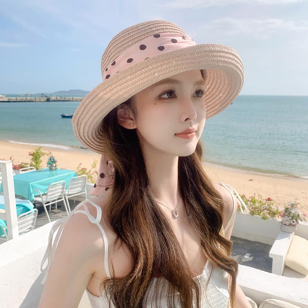 Summer Polka Dot Ribbon Straw Hat for Women Elegant Curled Brim Sunscreen Fisherman Cap Lady Girl Beach Travel Visor Panama Hats