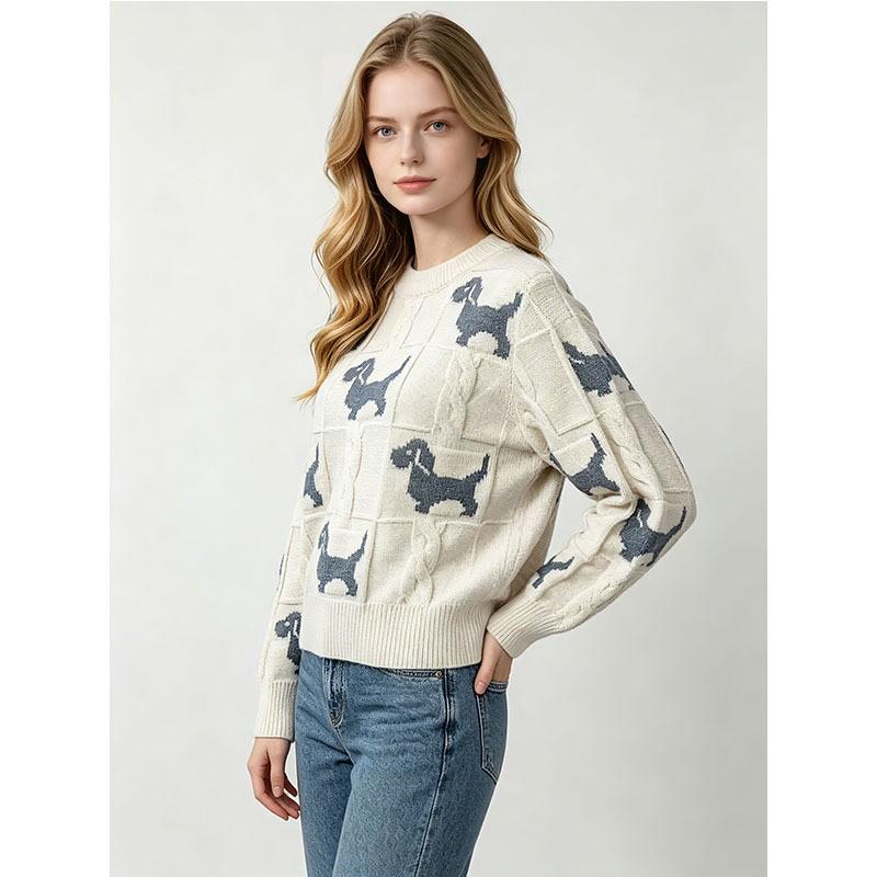 Womens Winter Jacquard Cable Knit Sweater Loose Fit Round Neck Long Sleeve Soft Nylon Pullover