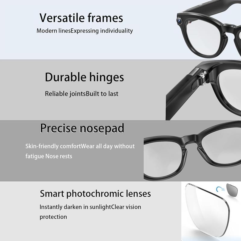Smart Glasses Real-Time AI Translation Powered Assistant 8MP Camera  Photography 1080P Video Dual Mics Speakers Photochromic Lenses Bluetooth Calling