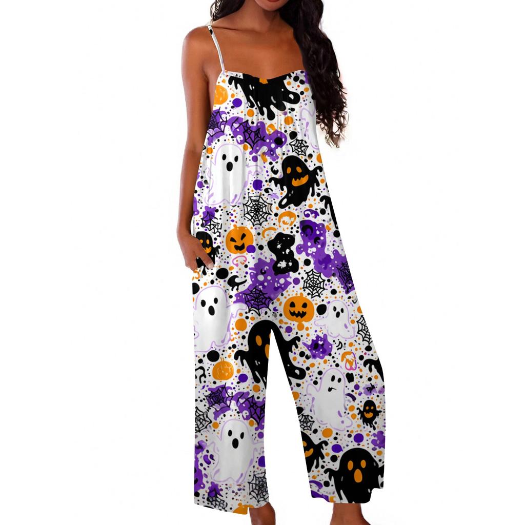 Women's Halloween Print Jumpsuit Casual Loose Fit Sleeveless Spaghetti Strap Wide Leg One Piece Romper for Seasonal Wear
