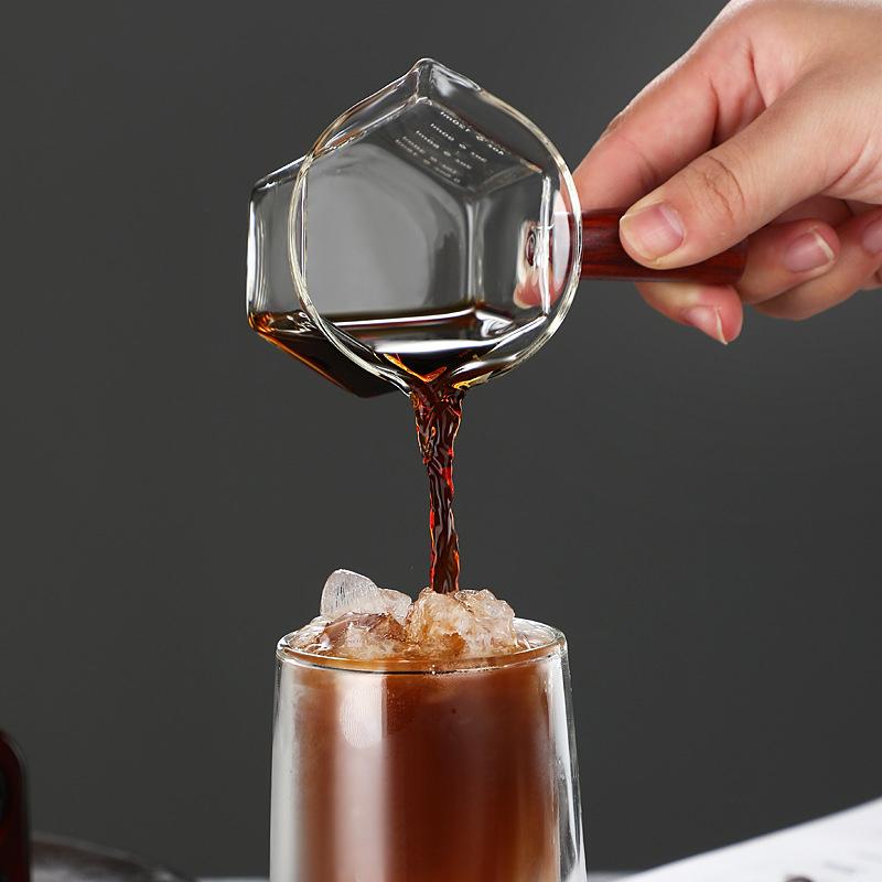 120ML Holzgriff Glas Espresso Messbecher Kaffee Extraktionstasse mit Skala Hochtemperaturbeständigkeit Milchkännchen Messbecher