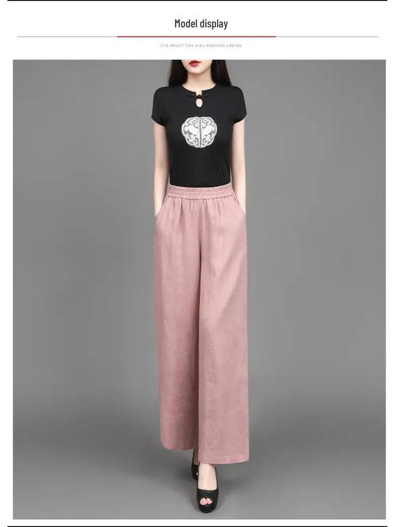 Women's 2025 Summer Cotton Linen Wide-Leg Pants - Simple, Casual, Thin, Loose, Elastic High Waist