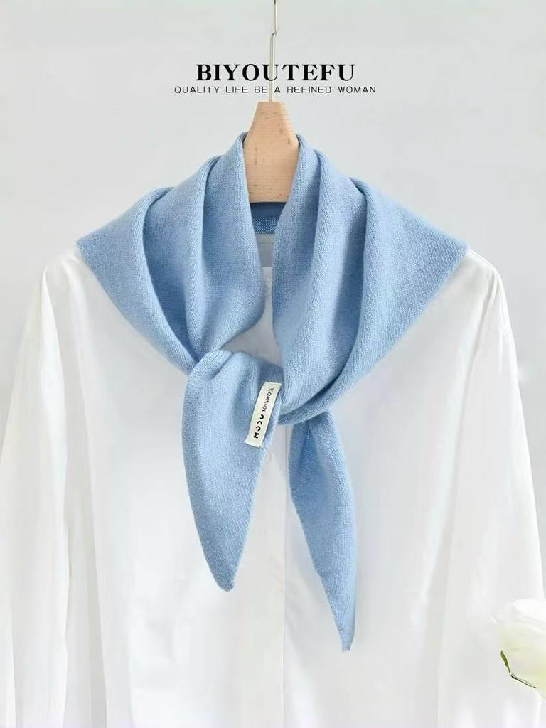 100% Australian Wool Knitted Triangle Scarf Shawl Women's Autumn  Winter Warm Neck Protection Scarf Decorative  Small Scarf