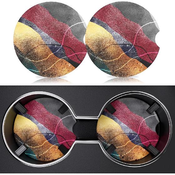 2 Pack Car Cup Holder Coasters, 2.63 Inch Anti Slip Ceramic Absorbent Coaster with Cork Base and Finger Notch, Cute Car Accessories Interior for