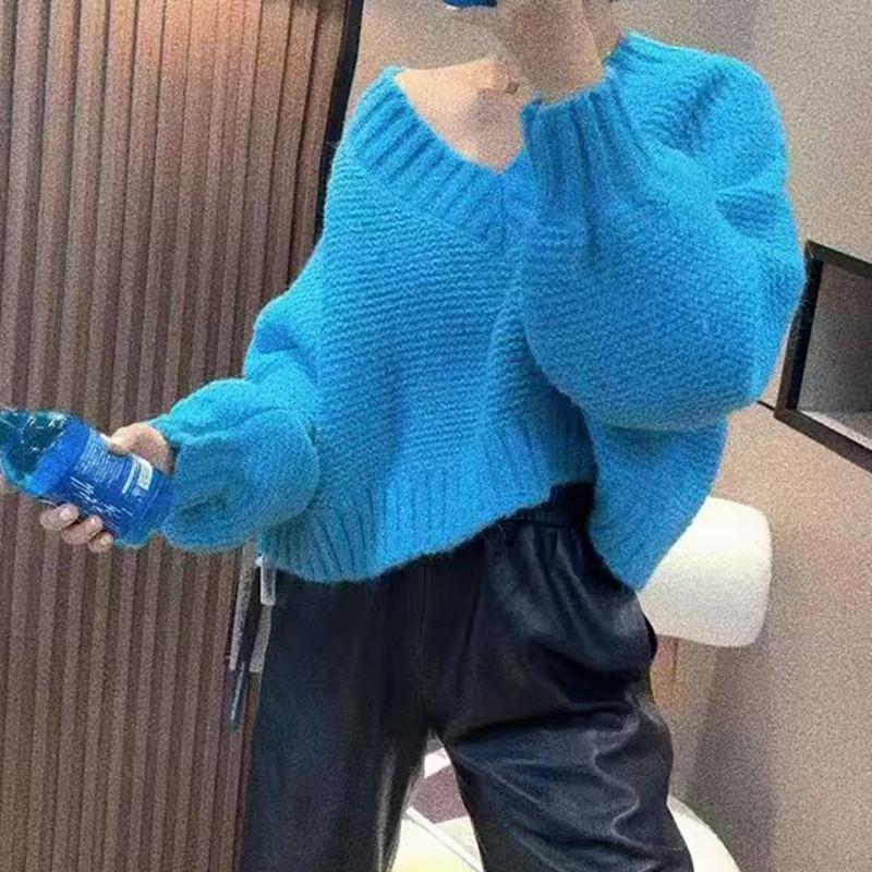 

Autumn European V-Neck Retro Chunky Knit Sweater for Women One Size [80-120] синий
