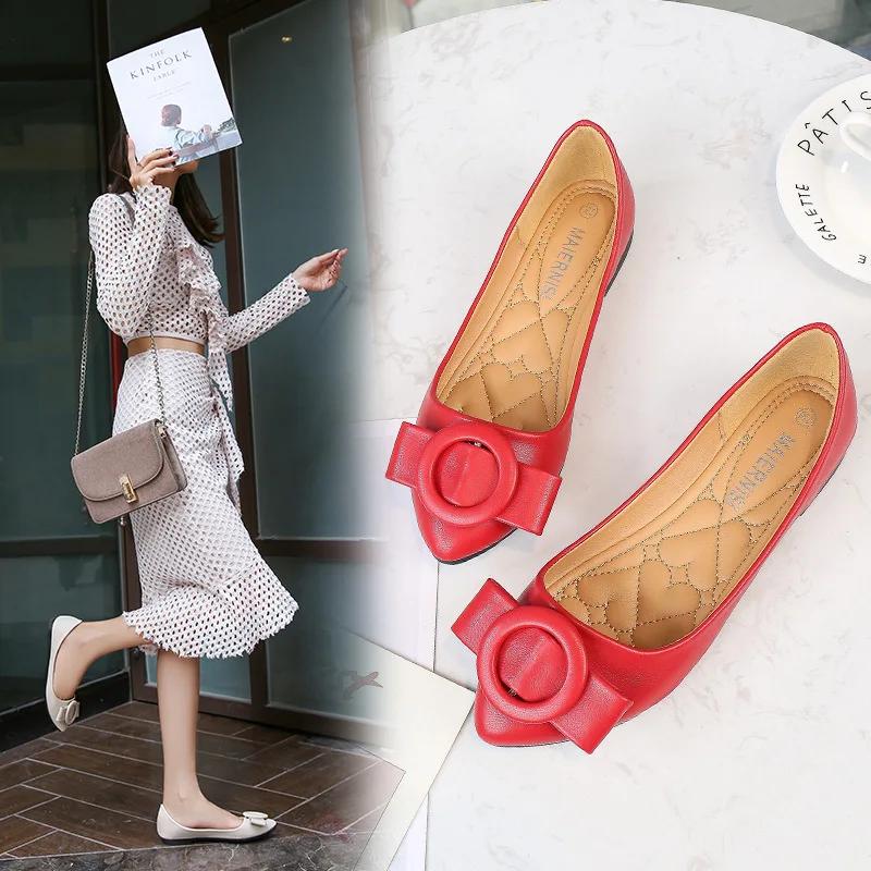 Fashion Large Size 46 Fashionable Bean Shoes for Women's Casual Lightweight, One Foot Shallow Mouth Pointed Flat Shoes Zapatos De Mujer
