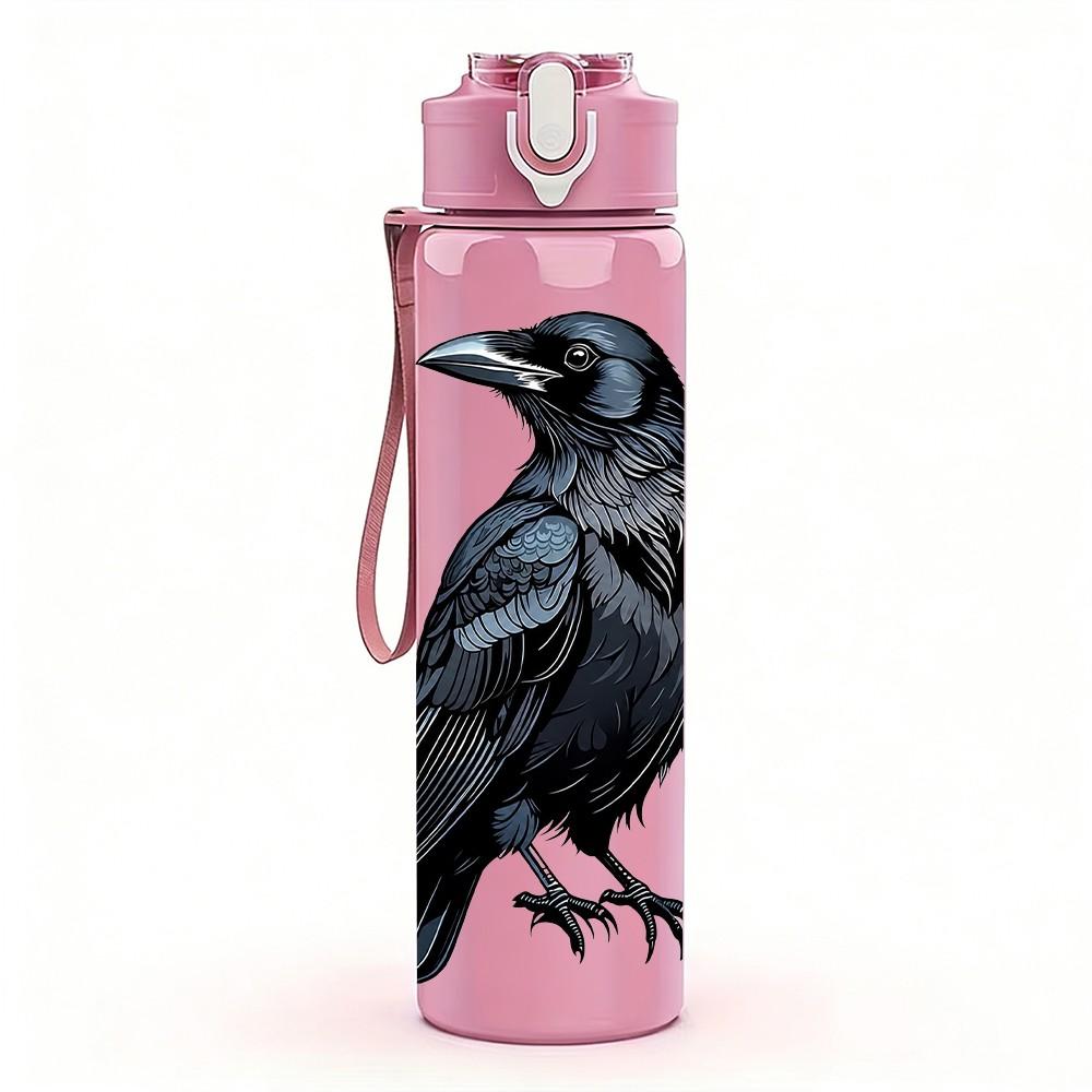 1PC Black Raven Bird Dark Pattern 750ml Color Plastic Sports Water Bottle Leakproof Flip Straw Lid Suitable for Sports Office Home Use
