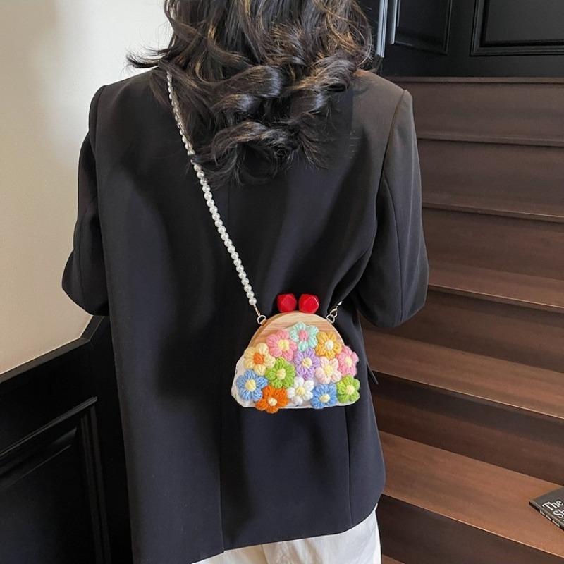 Niche Design Knitted Bag Women's New Summer Embroidery Pearl Messenger Bag High-end Small Flower Mouth