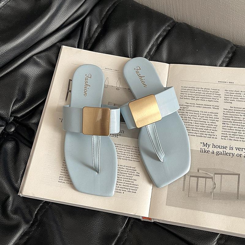 Metal buckle square head pinch foot flat-bottomed slippers women's 2025 spring new open-toed soft-bottomed flat-heeled sandals slippers
