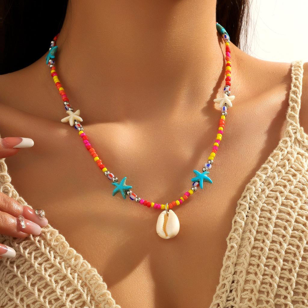 Vacation Beads 1PC Daily Wear Beaded Shell Ocean Style Bohemian Starfish Women Souvenir Personality Necklace Clavicle Chain  Handmade