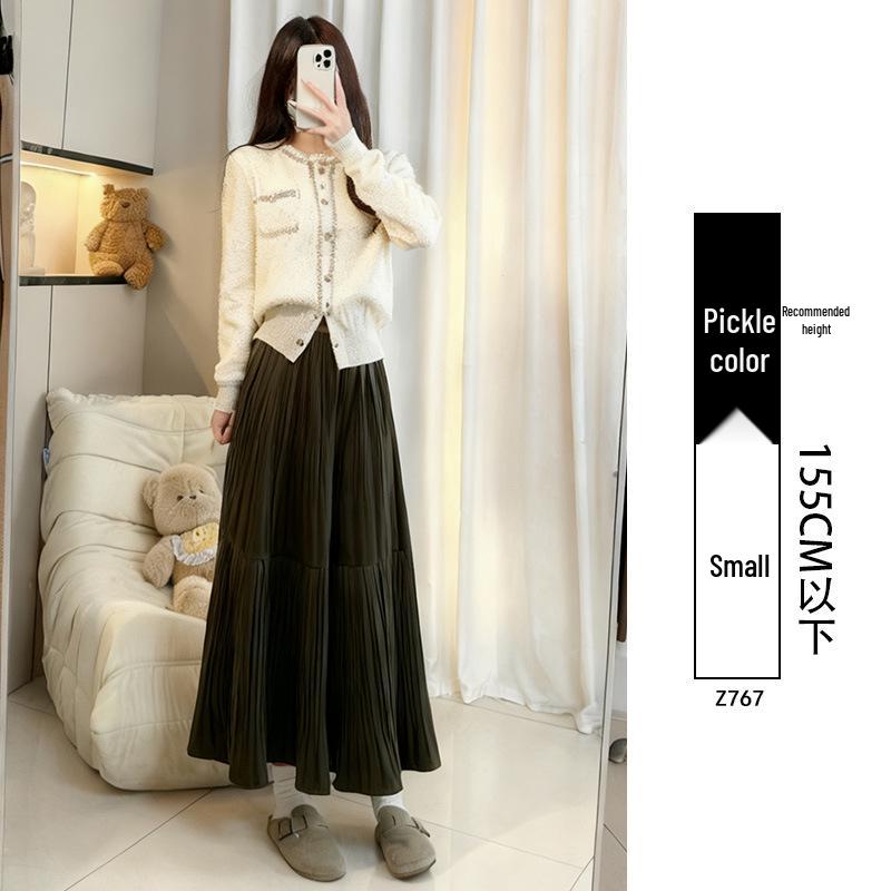 Women's Black Gold Velvet A-line Pleated Midi Skirt, High Waist, Spring/Autumn 2026