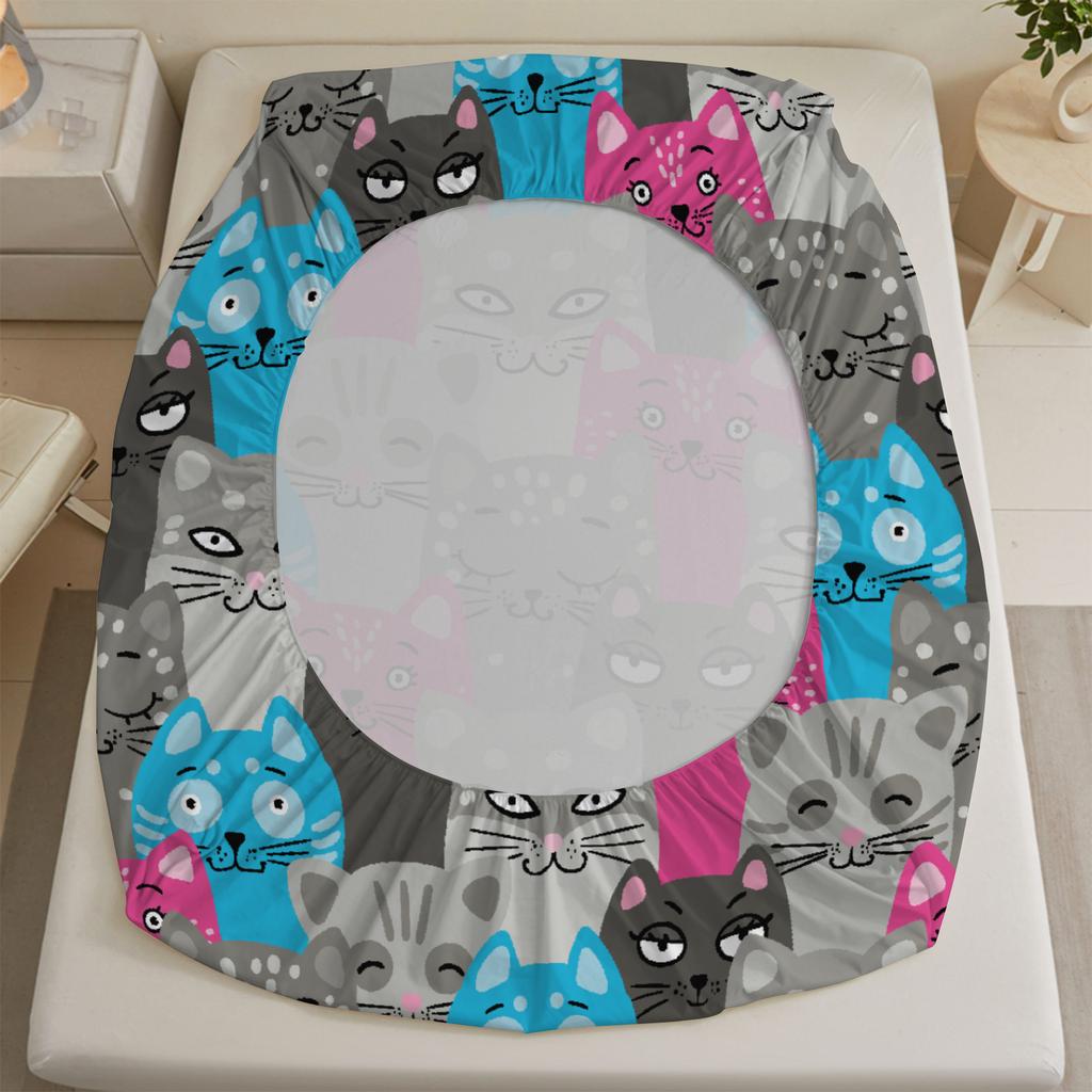 3pcs Colorful Cats Fitted Sheet Cartoon Cat Pattern 3D Print Gifts For Students Girls 100% Polyester Flat Sheet With Pillowcases