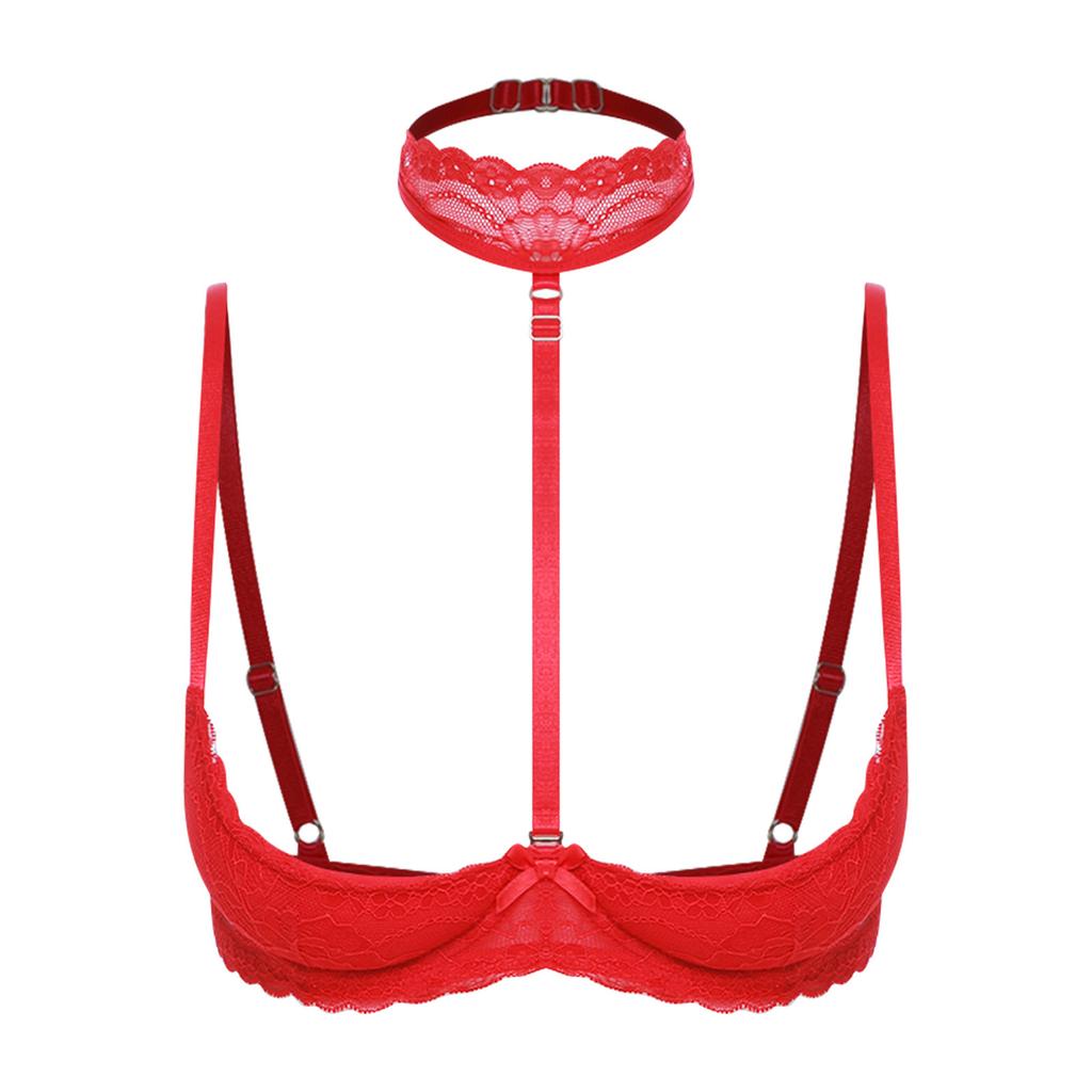 Damen 1/4 Cup Push-Up Ungefütterter Spitzen-BH Bügel-Balkonett-BH-Top Weiche Brustpolster Choker