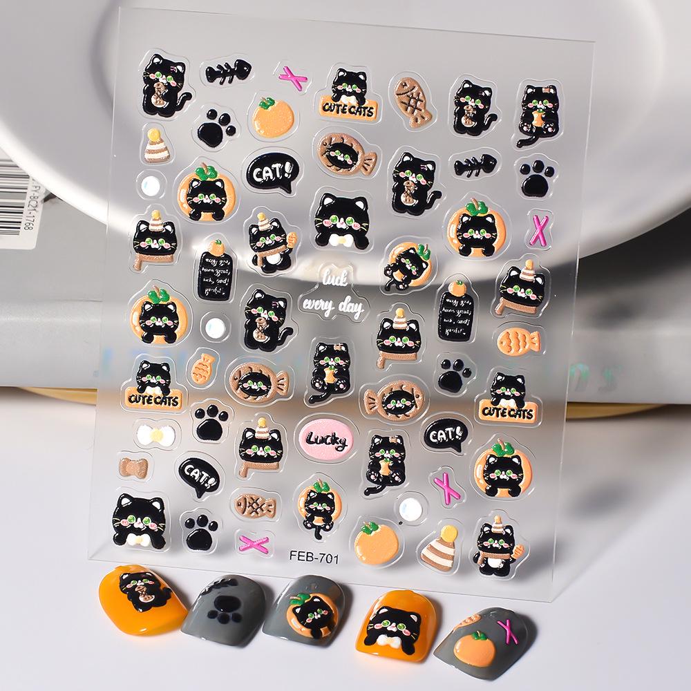 Embossed Cute Black Cat & Moon Nail Art Stickers