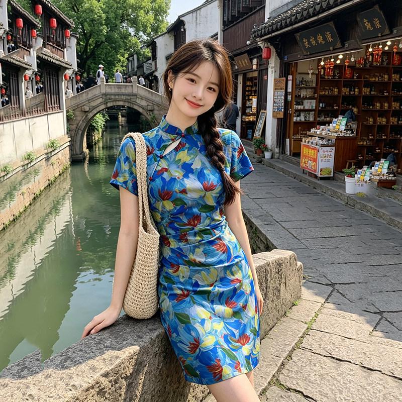 Blue national style new Chinese short improved cheongsam 1011 new young women can wear daily in summer