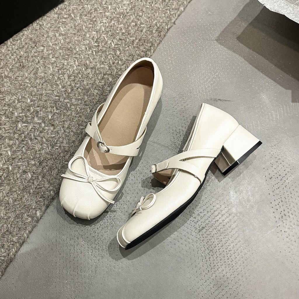 Bow Word with Mary Jane Shoes Thick Heel Light Mouth Single Shoes Versatile Gentle Ballet Shoes