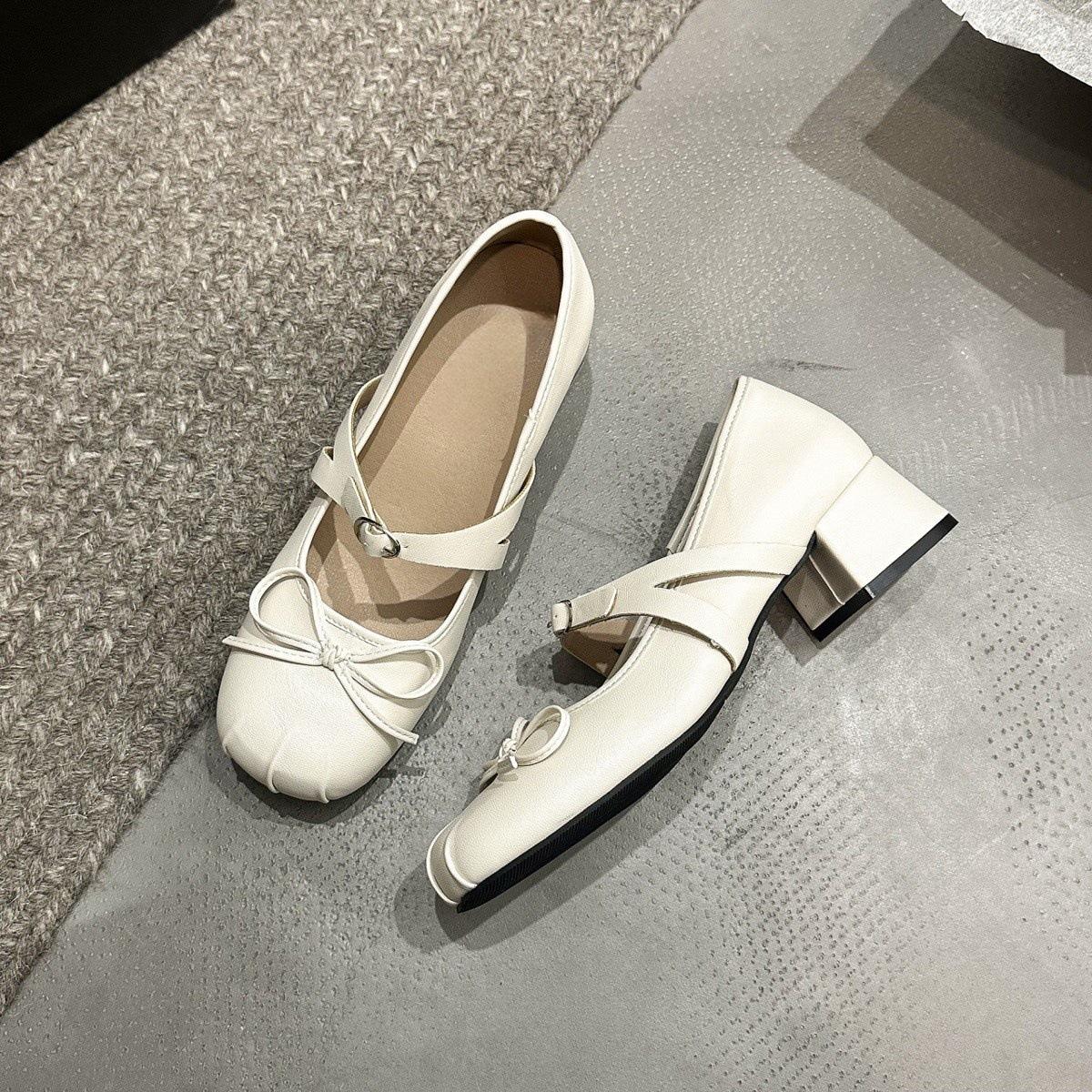 

Bow with Mary Jane shoes 2025 new thick heel light mouth single shoes versatile gentle ballet shoes 40