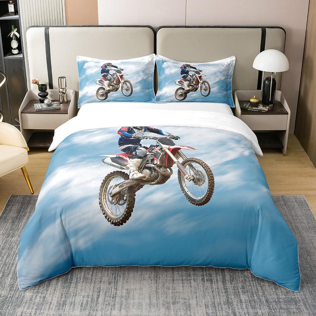 Motorcycle Duvet Cover Set for Boys Men Queen King Size Lightweight Down Room Decor 2 Pillowcases and 1 Duvet Cover No Comforter