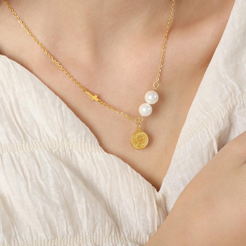 Double-Sided Embossed Portrait Pendant Necklace with Shell Bead & Titanium Steel Chain