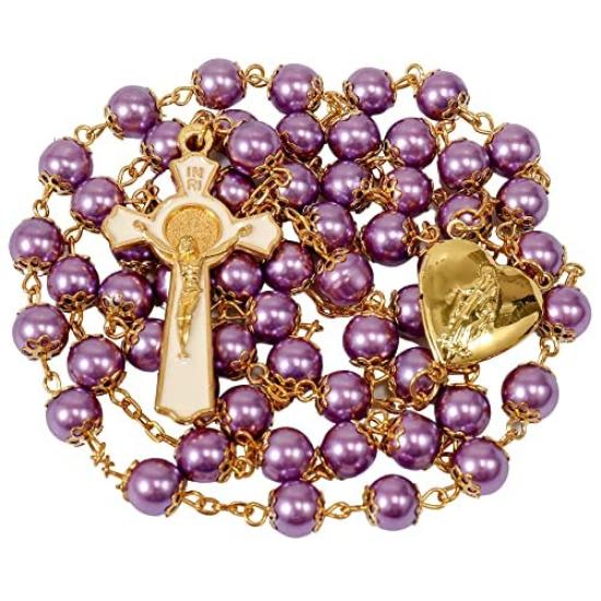 Nazareth Store Purple Pearl 8mm Bead Rosary Necklace Gold Prayer Chaplet Miraculous Open Up Locket Centerpiece Medal White Enamel No Gemstones Cross,