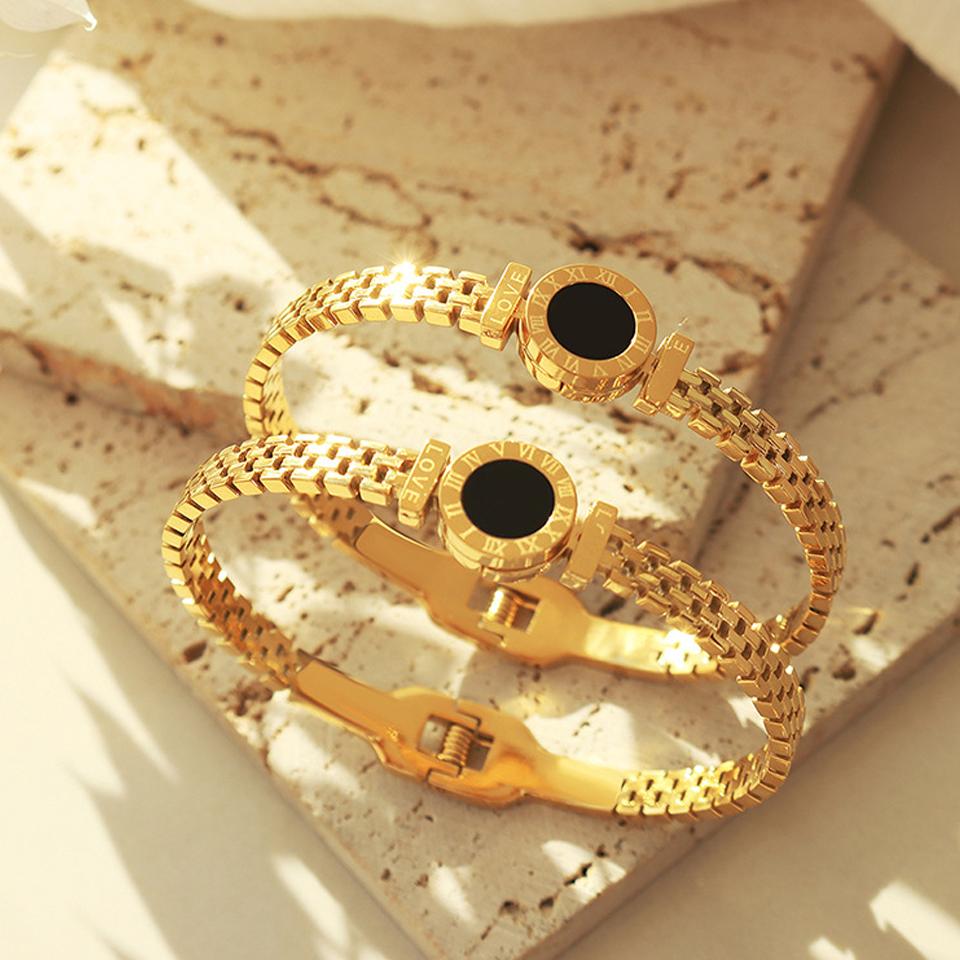 ZAKOL Stainless Steel 18k Gold Color Roman Black Shell Watch Bracelet Niche Design Zircon Gift for Women Men