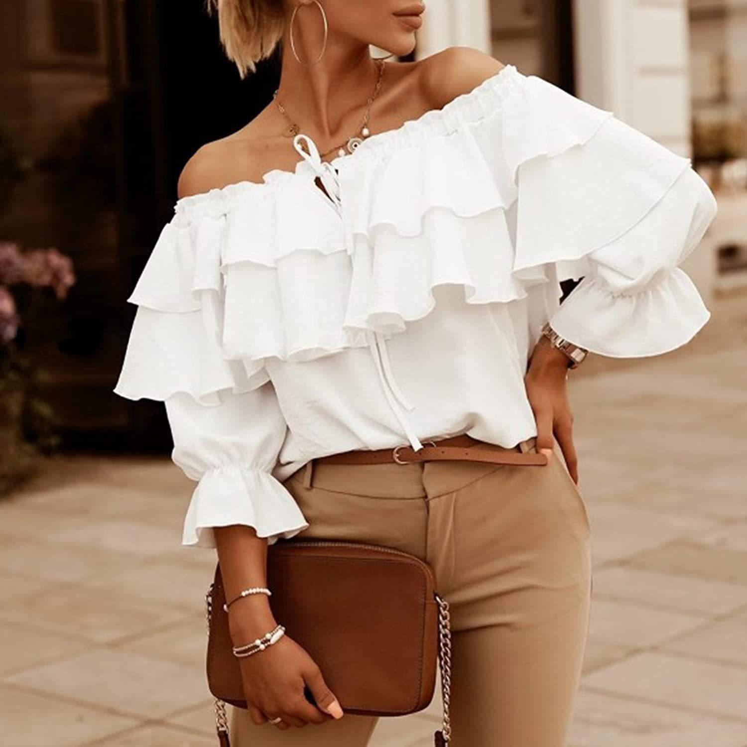European and American Women s Off-the-shoulder Ruffle Sleeve Boat Neck Pullover Chiffon Tie-front T-shirt Loose Elegant and Classy XS