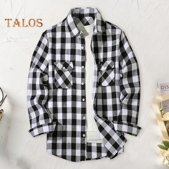 Fall Winter Men Shirt Coat Plaid Print Long Sleeves Chest Pocket Turn-down Collar Single-breasted Loose Contrast Color Jacket
