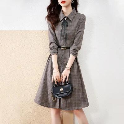 New Autumn Plaid Dress with Lapels and Waist Slimming Mid-length Versatile Lapel A-line Skirt