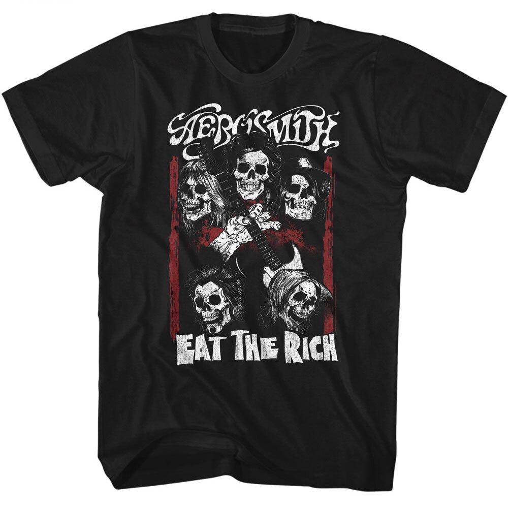 Aerosmith T-Shirt Mens Eat The Rich Skull World Tour Rock Band Metal Black Unisex T-Shirt Graphic Tee L