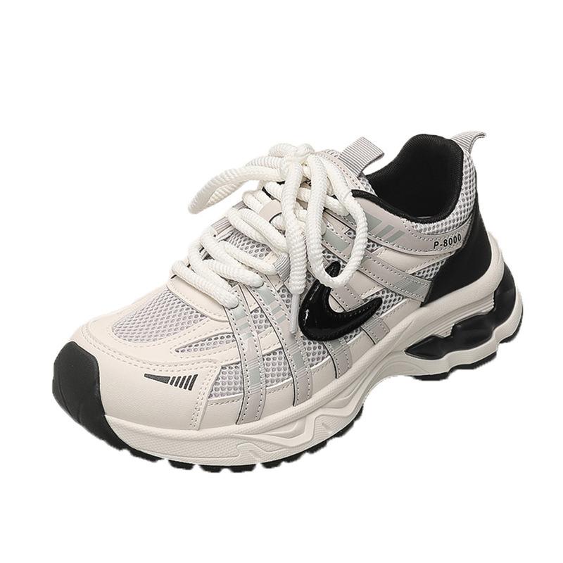 Retro Niche Leather Platform Dad Shoes for Women 2025 Autumn New Mesh Breathable Sneakers Lightweight Jogging Shoes