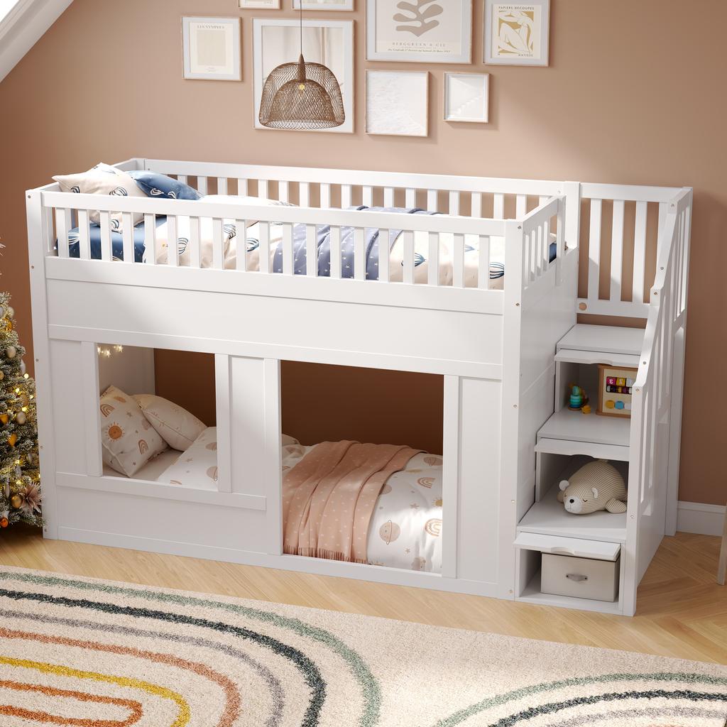 Kinderbett, Etagenbett (90 x 200 cm), Hochbett, Multifunktionsbett mit Treppenschrank, Umbaubare Spielfläche darunter, ohne Matratze, Weiß