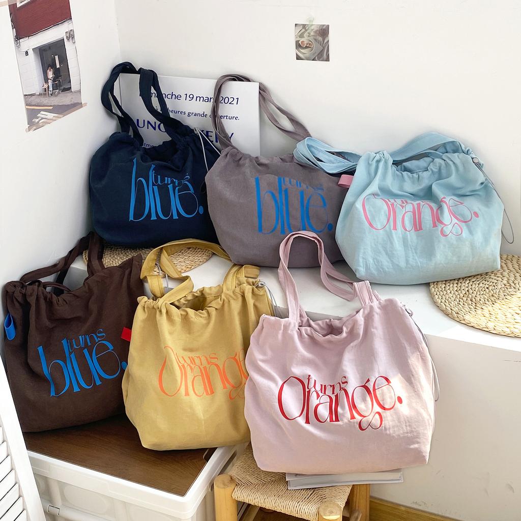 Korean Style Drawstring Tote Bag for Women, Colorful Dopamine Letter Print Shoulder Bag, Lightweight Casual Commuter Handbag KTB