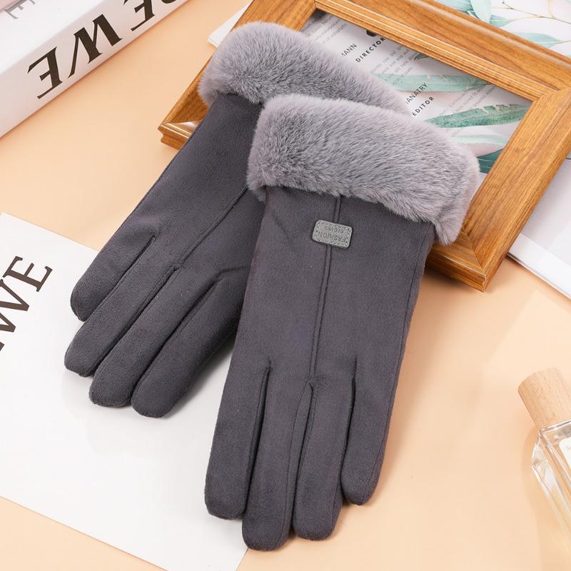 Autumn and winter suede gloves women's warm touch screen gloves imitation Rex rabbit hair mouth piled thickened cold-proof gloves