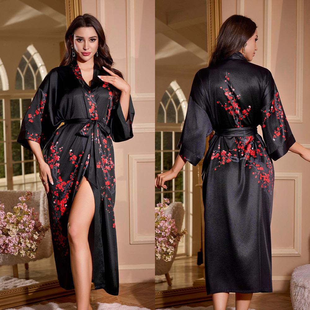 Female Long Robe Loungewear Elegant Chinese Style Kimono Bathrobe Gown Negligee New Silky Satin Sleepwear Nightgown Loose Pajama