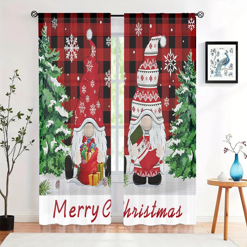 2 Pieces, Christmas Gnome Snowflake Grid Curtains -30% Blackout - Suitable for Living Room, Bedroom, Kitchen, Home Decoration