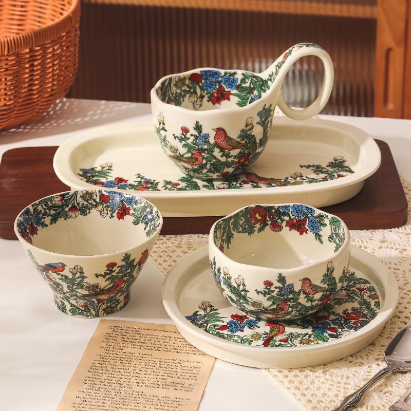 Retro Crape Myrtle Flower Ceramic Tableware Set High Value Dish Set Household Vegetable Plate Soup Plate Rice Bowl Soup Gift